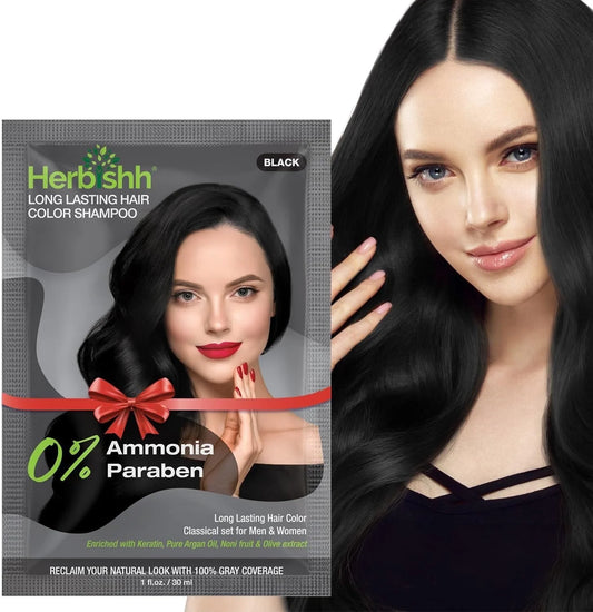 Hair Dye Shampoo Black Color, 3-In-1 Shampoo Hair Color Travel Pack (30Ml X5) + Argan Oil Hair Serum for Dry, Frizzy & Damaged Hair, Long Lasting Hair Color, for Women and Men, Travel Size