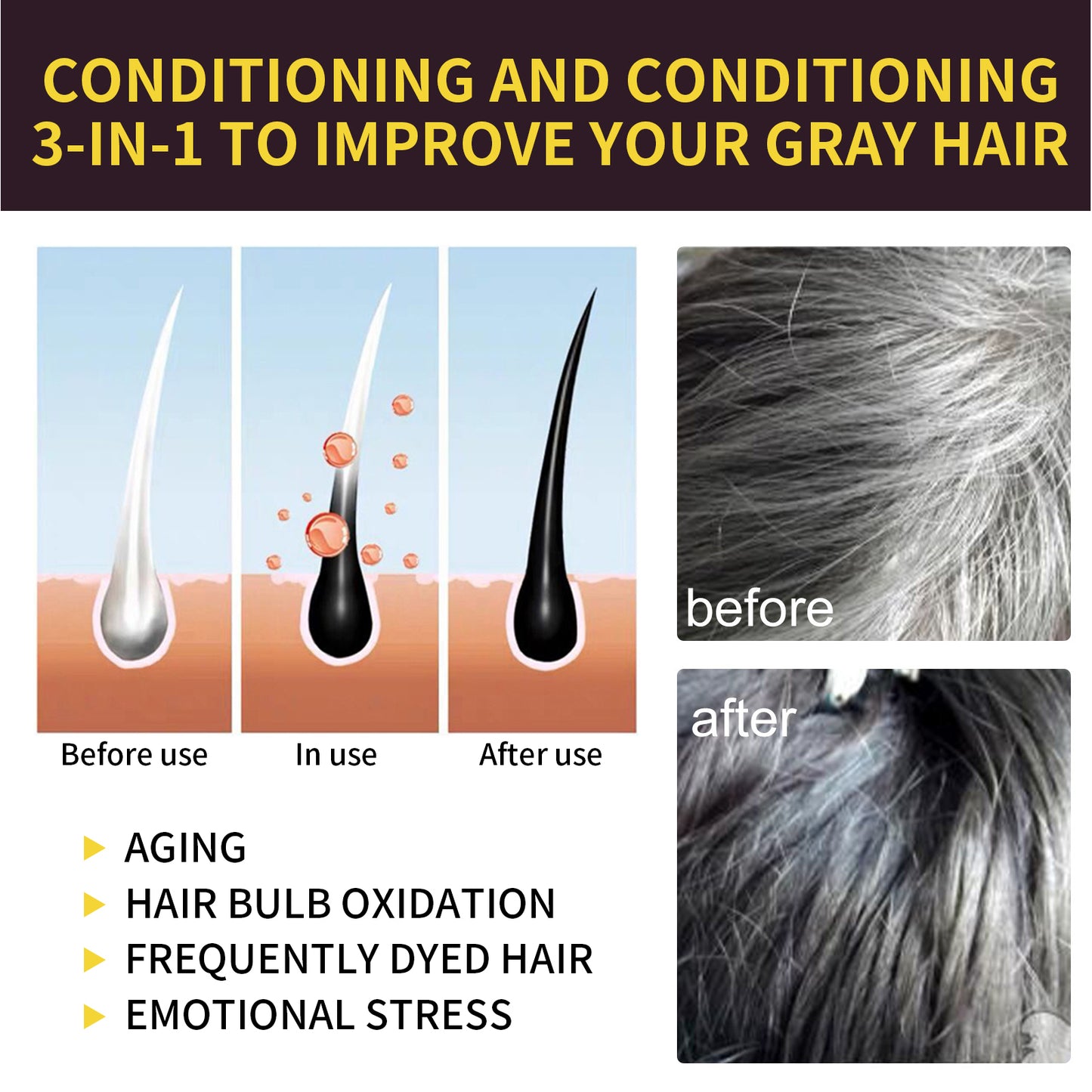 Hair Dye Shampoo 3 in 1 for Gray Hair, Herbal Ingredients Natural Shampoo Hair Dye for Women Men (Black)